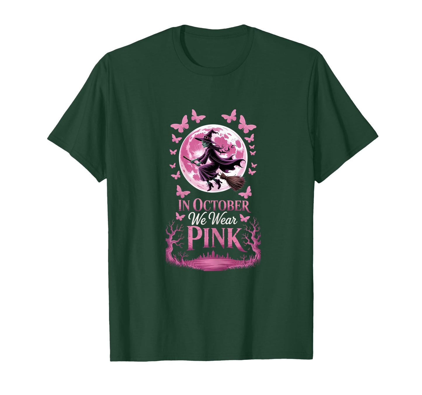 in October We Wear Pink Breast Cancer Awareness Witch T-Shirt