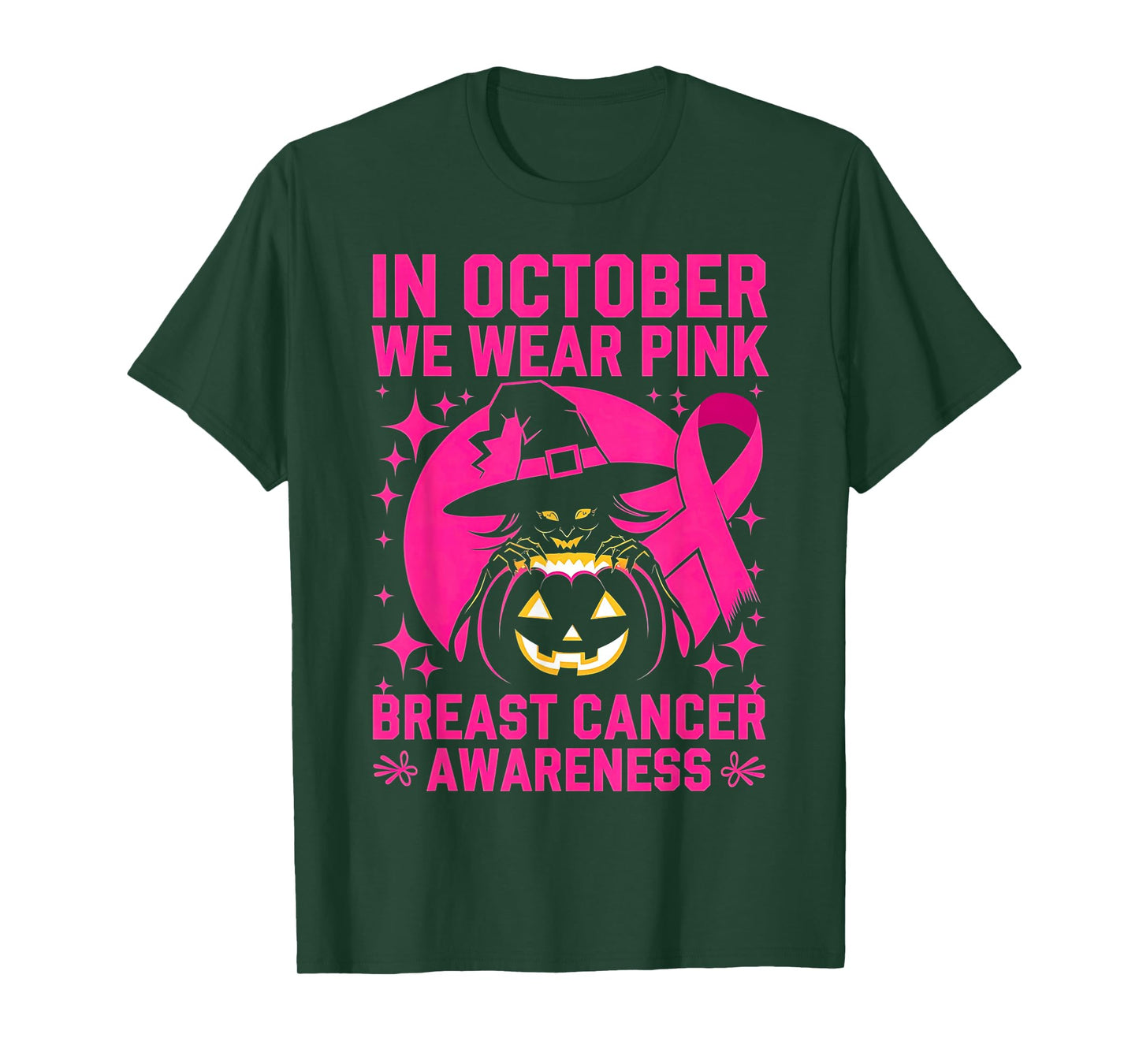 in October We Wear Pink Witch Breast Cancer Awareness Spooky T-Shirt