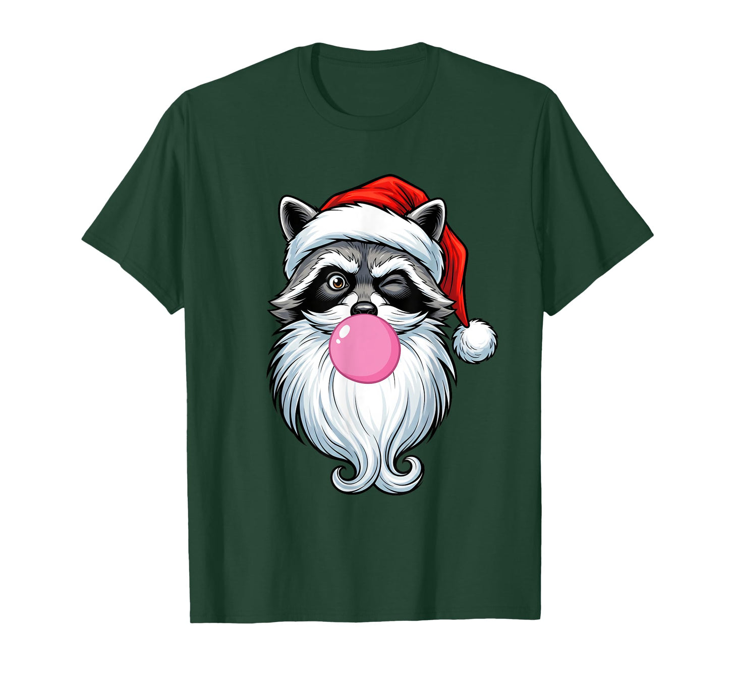 Winking Raccoon Santa with Bubble Gum Funny Santa Christmas T-Shirt