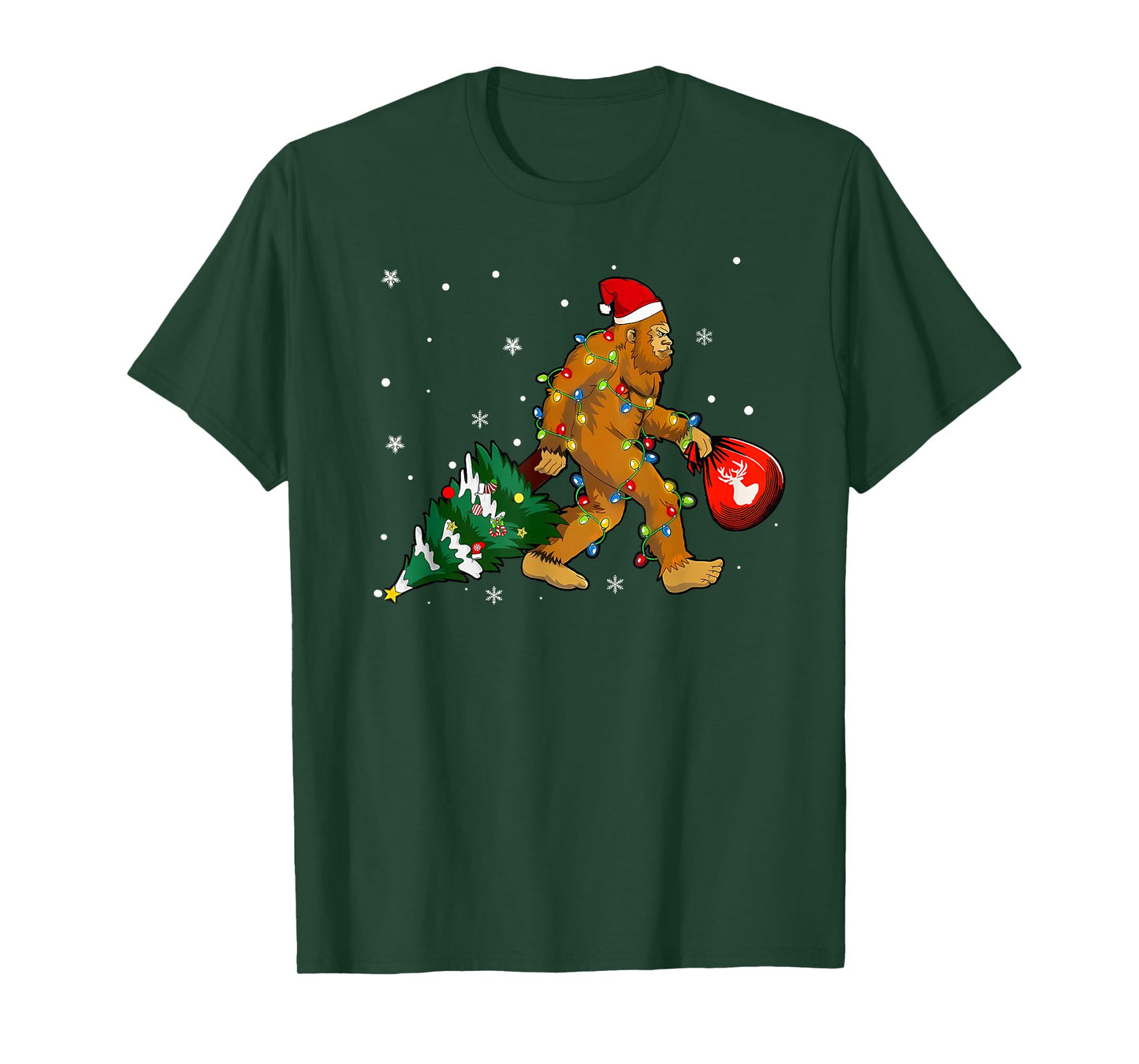 Bigfoot Christmas Tree Lights Xmas Boys Men Sasquatch Lovers T-Shirt
