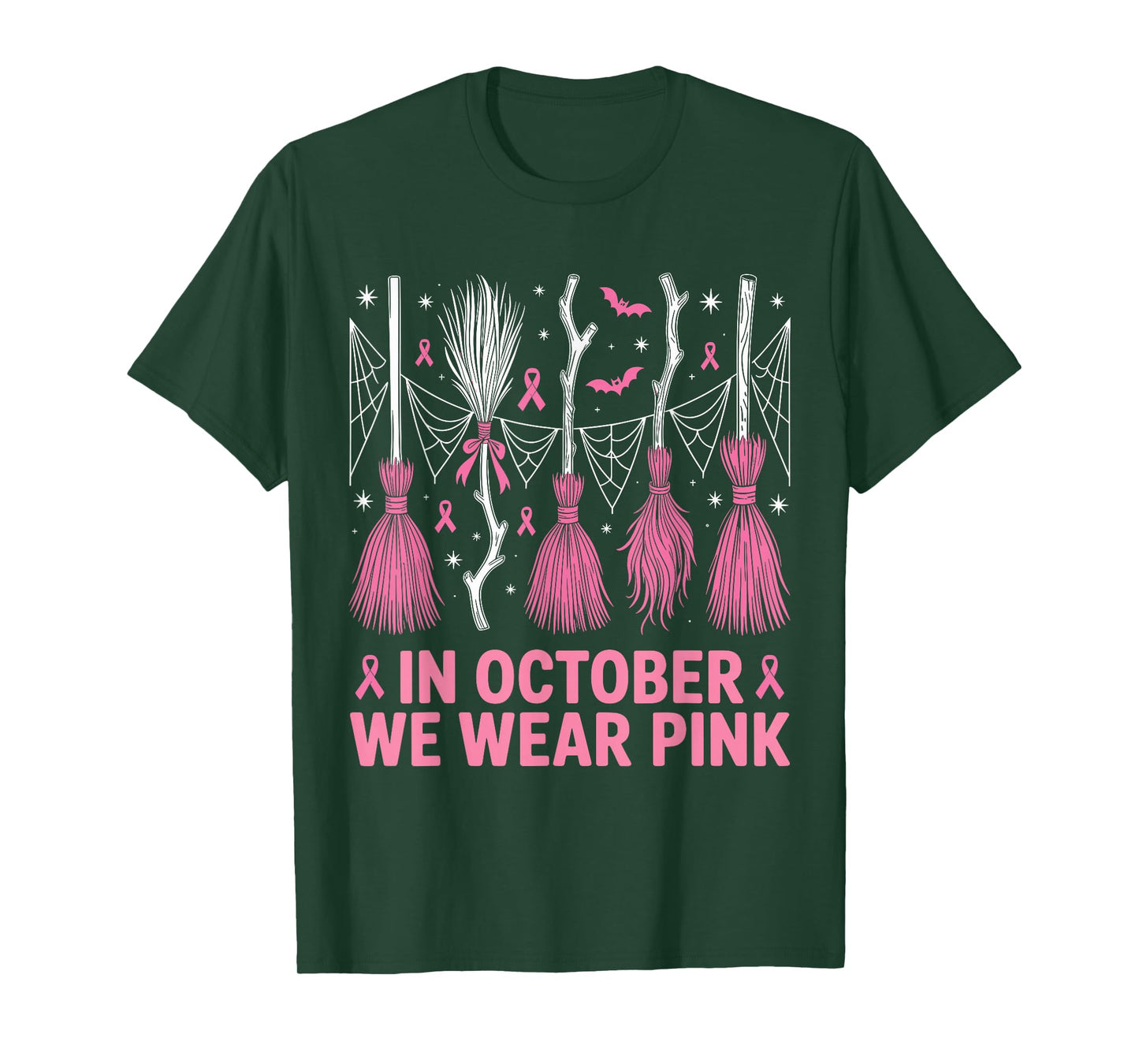 in October We Wear Pink Witch Brooms Breast Cancer Awareness T-Shirt