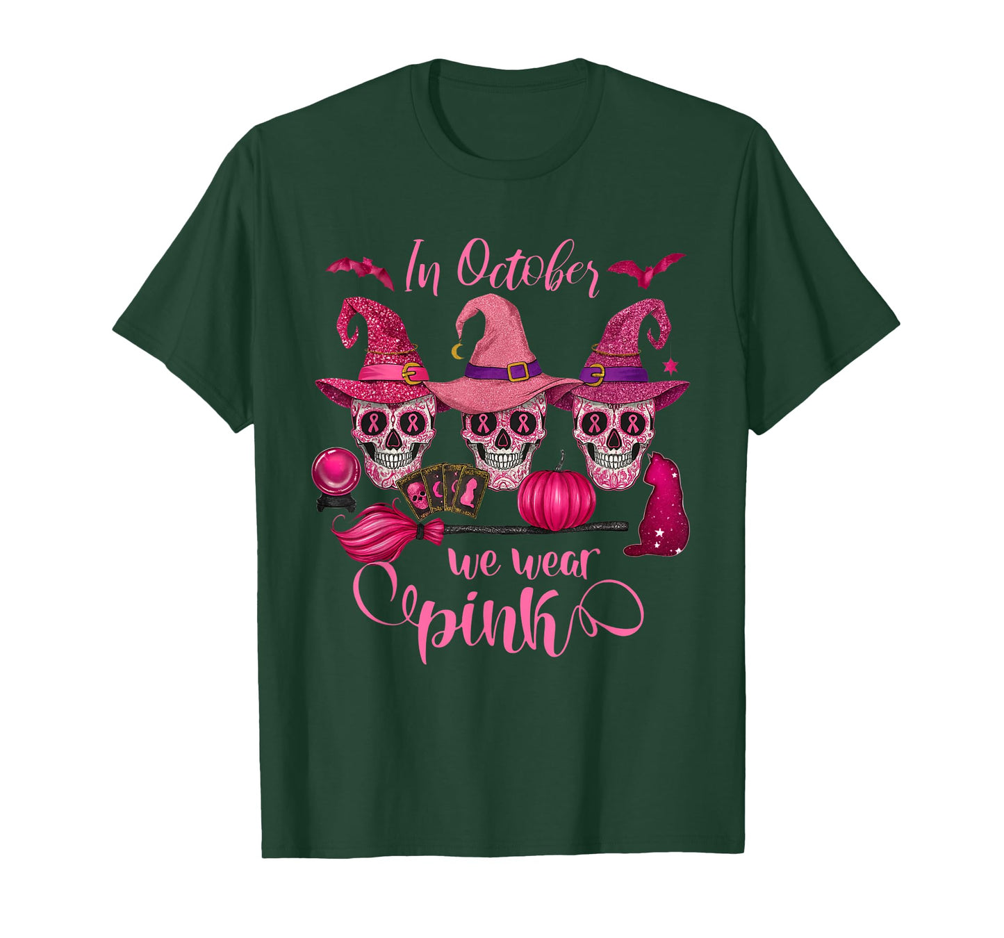 in October We Wear Pink Ribbon Witch Halloween Breast Cancer T-Shirt