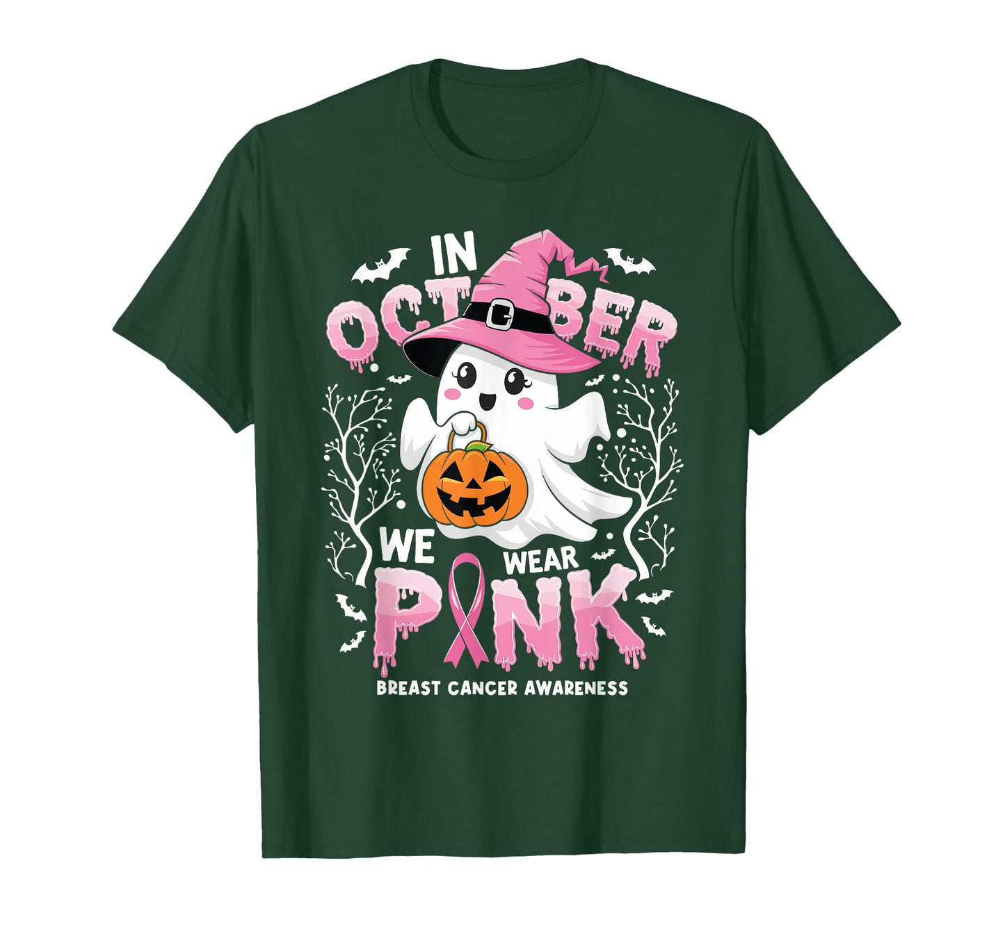 In October We Wear Pink Ghost Witch Breast Cancer Awareness T-Shirt