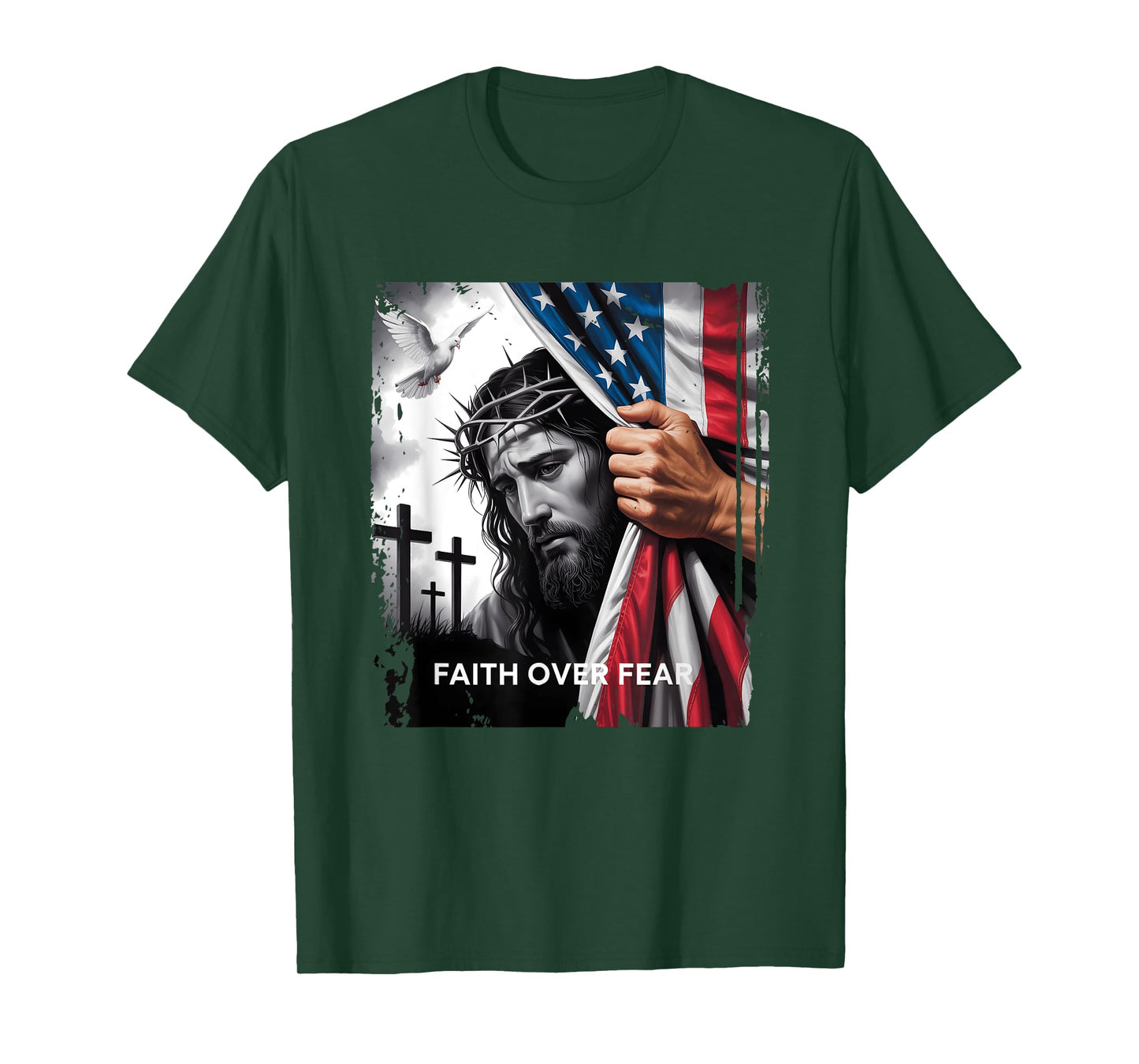 Faith Over Fear Sad Face Of Jesus Christian Usa Flag Patriot T-Shirt
