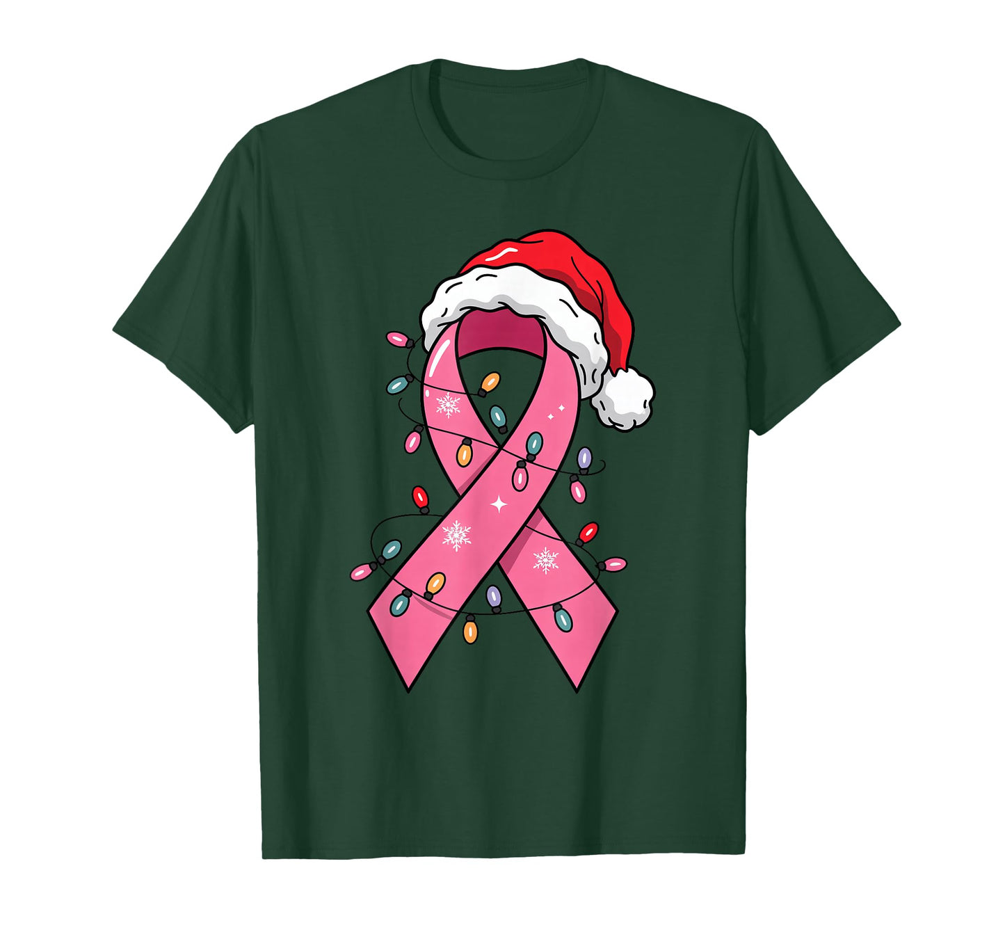 Pink Ribbon Santa Hat Christmas Lights Breast Cancer Warrior T-Shirt