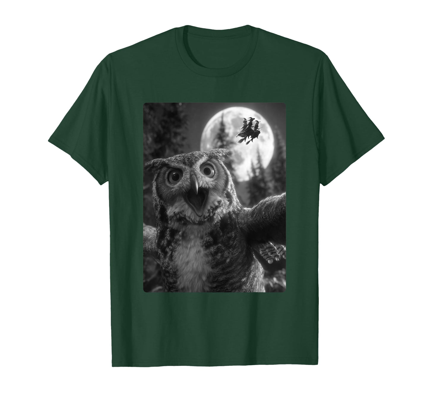 Funny Owl Selfie Full Moon Flying Witches Forest Halloween T-Shirt