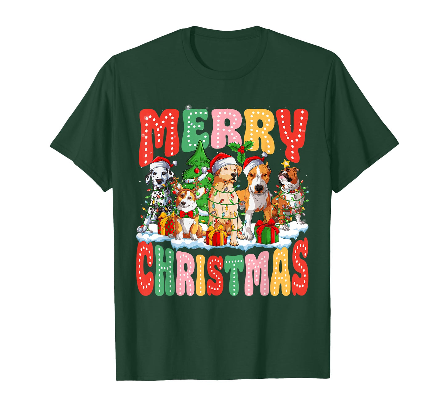 Funny Dogs Christmas Lights Matching Family Pajamas Xmas T-Shirt