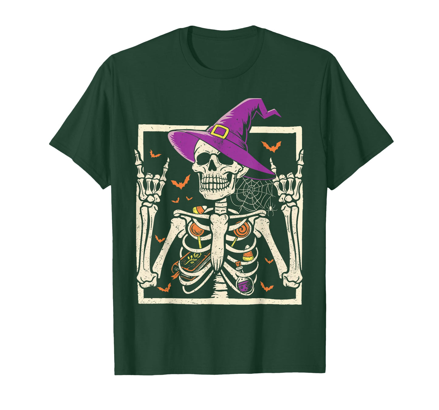 Rocker Skeleton Witch Hat Spooky Cool Design Punk Rock On T-Shirt