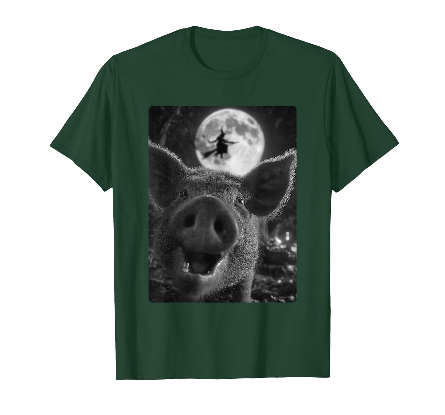 Funny Pig Selfie Full Moon Flying Witch Forest Halloween T-Shirt