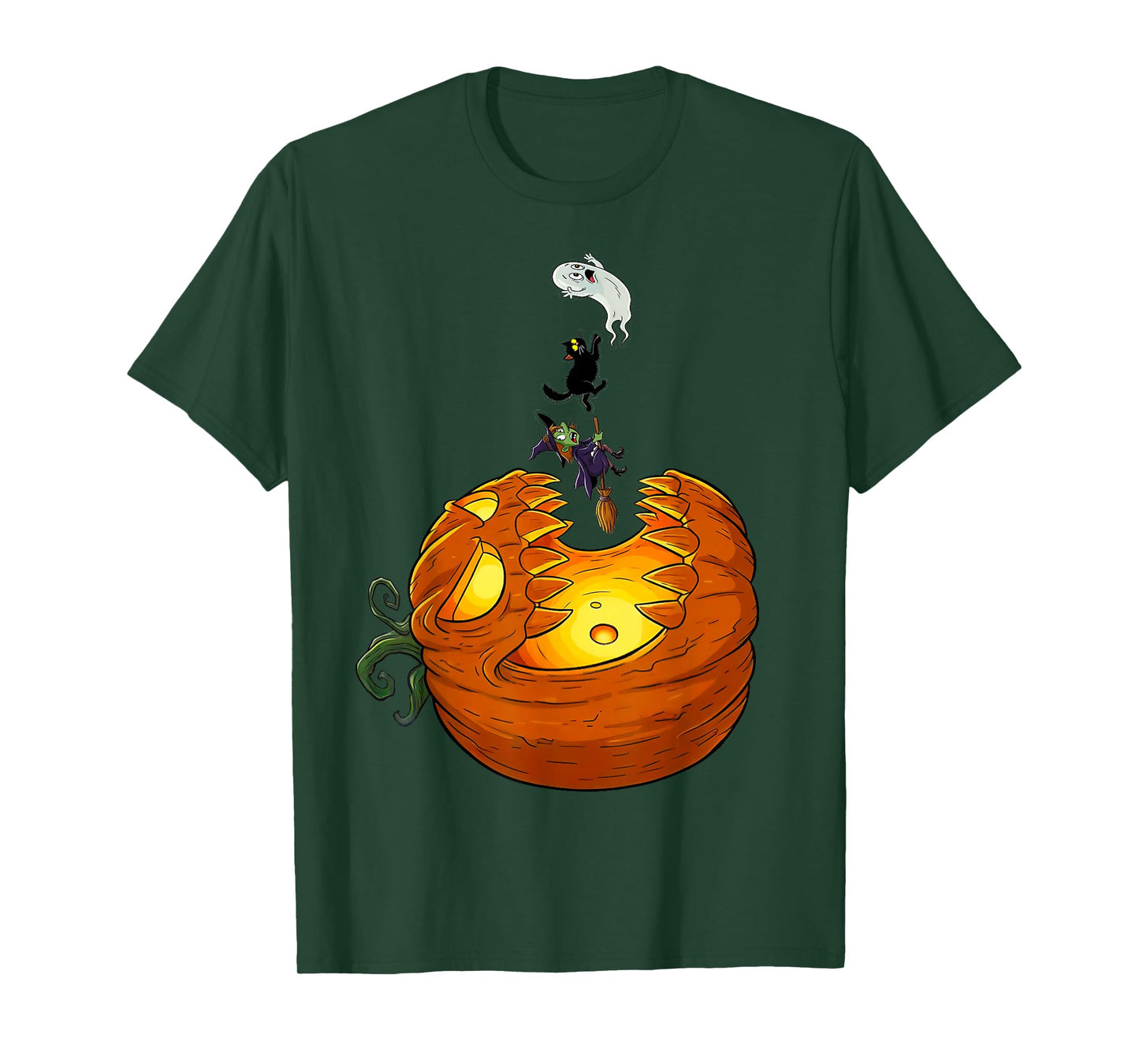 Jack O Pumpkin Chasing A Witch Cat Ghost Vertically Up The T-Shirt