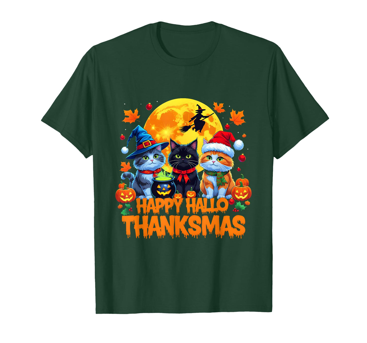 Thanksgiving Christmas Cats Happy Hallothanksmas Halloween T-Shirt
