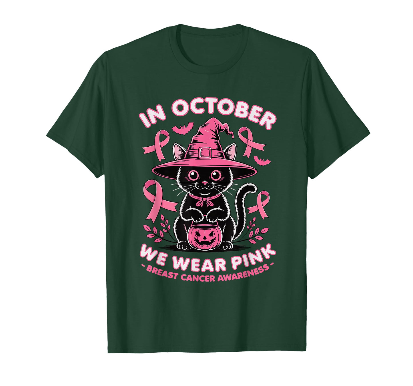 We Wear Pink in October Breast Cancer Women Halloween Cat T-Shirt