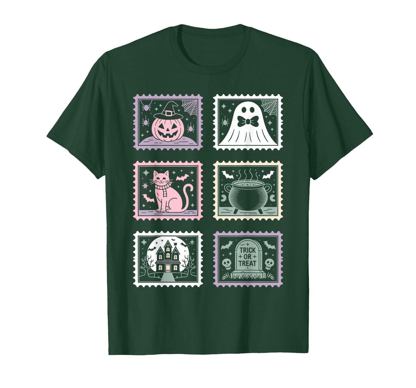 Halloween Stamps Spooky Pumpkin Ghost Cat Witch Skeleton T-Shirt
