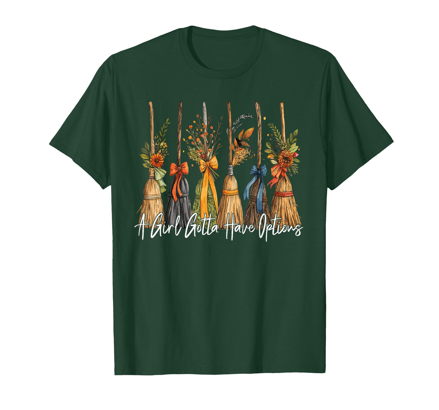 A Girl Gotta Have Options Halloween Witches Bow Floral Broom T-Shirt