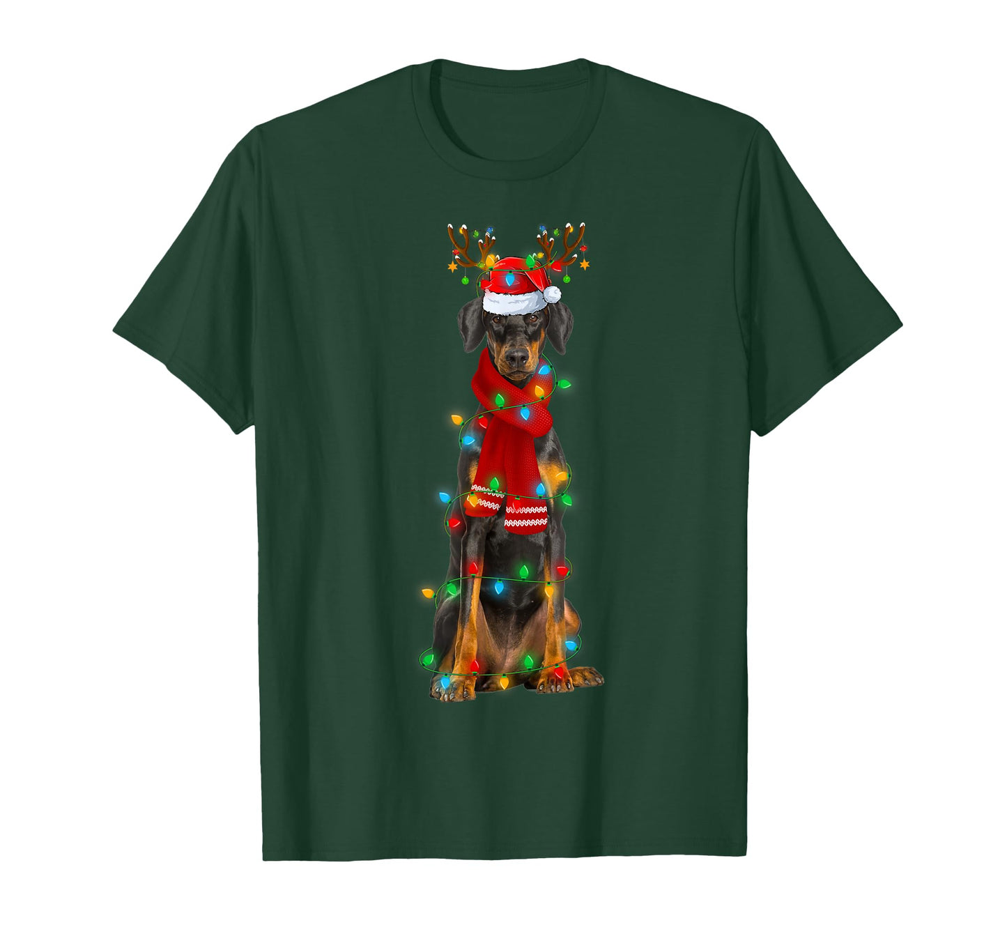Doberman Pinscher Dog Christmas Lights Santa Hat Xmas T-Shirt