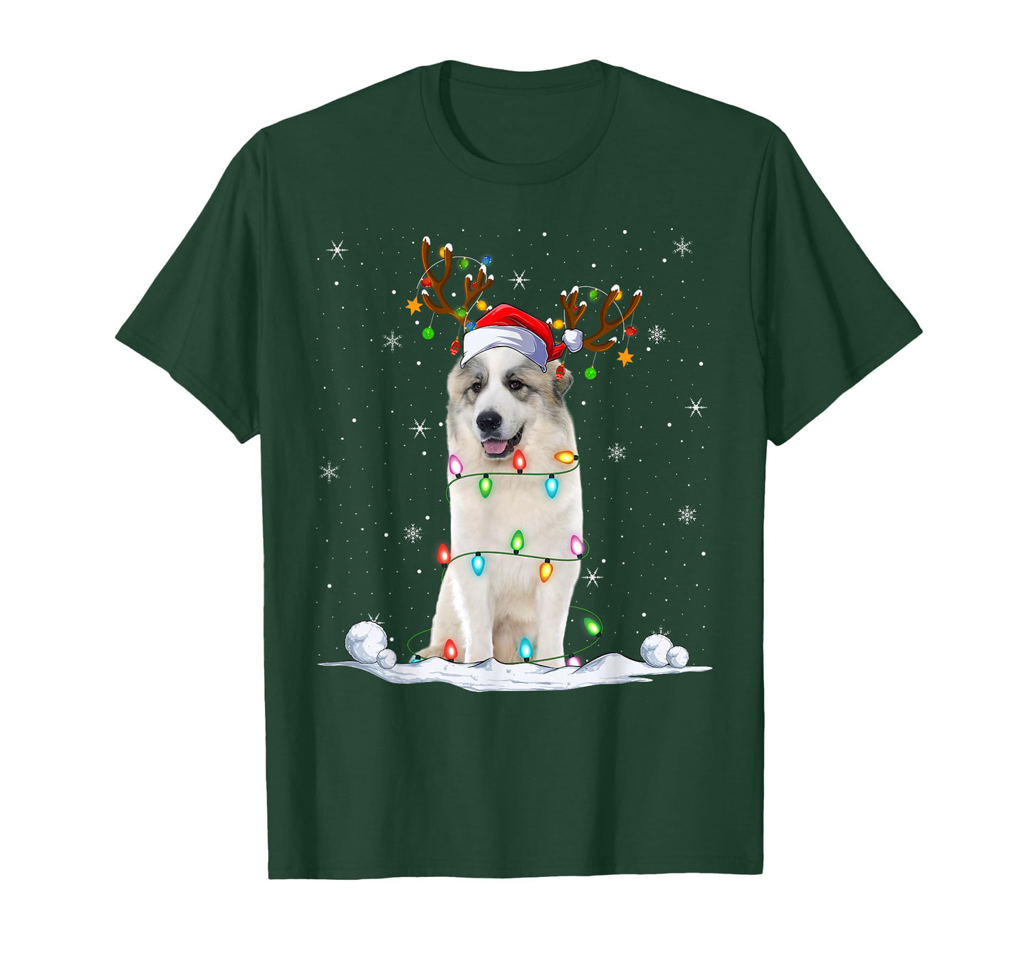 Great Pyrenees Dog Christmas Lights Funny Santa Hat Xmas T-Shirt