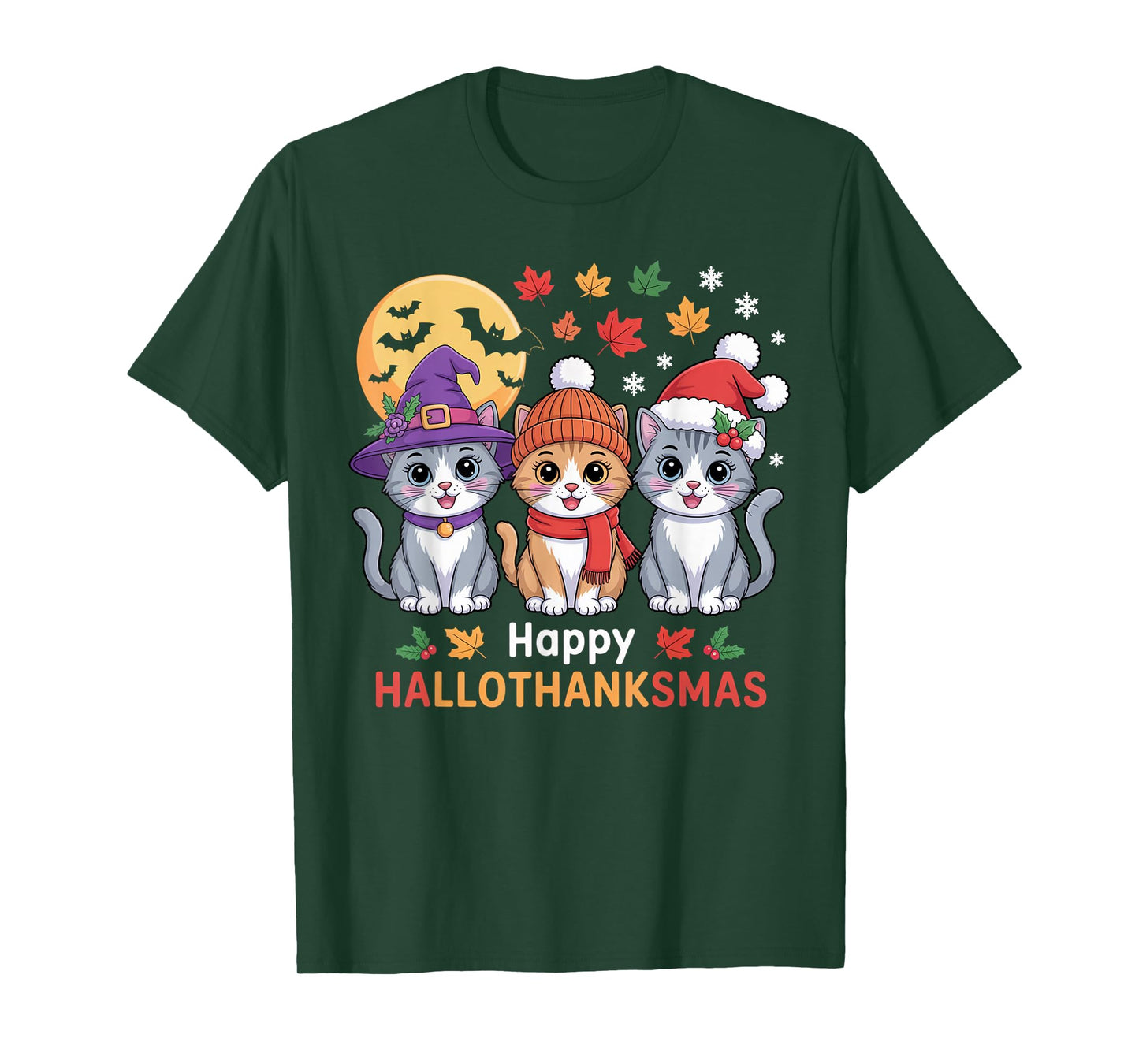 Halloween Thanksgiving Christmas Happy HalloThanksMas Cats T-Shirt