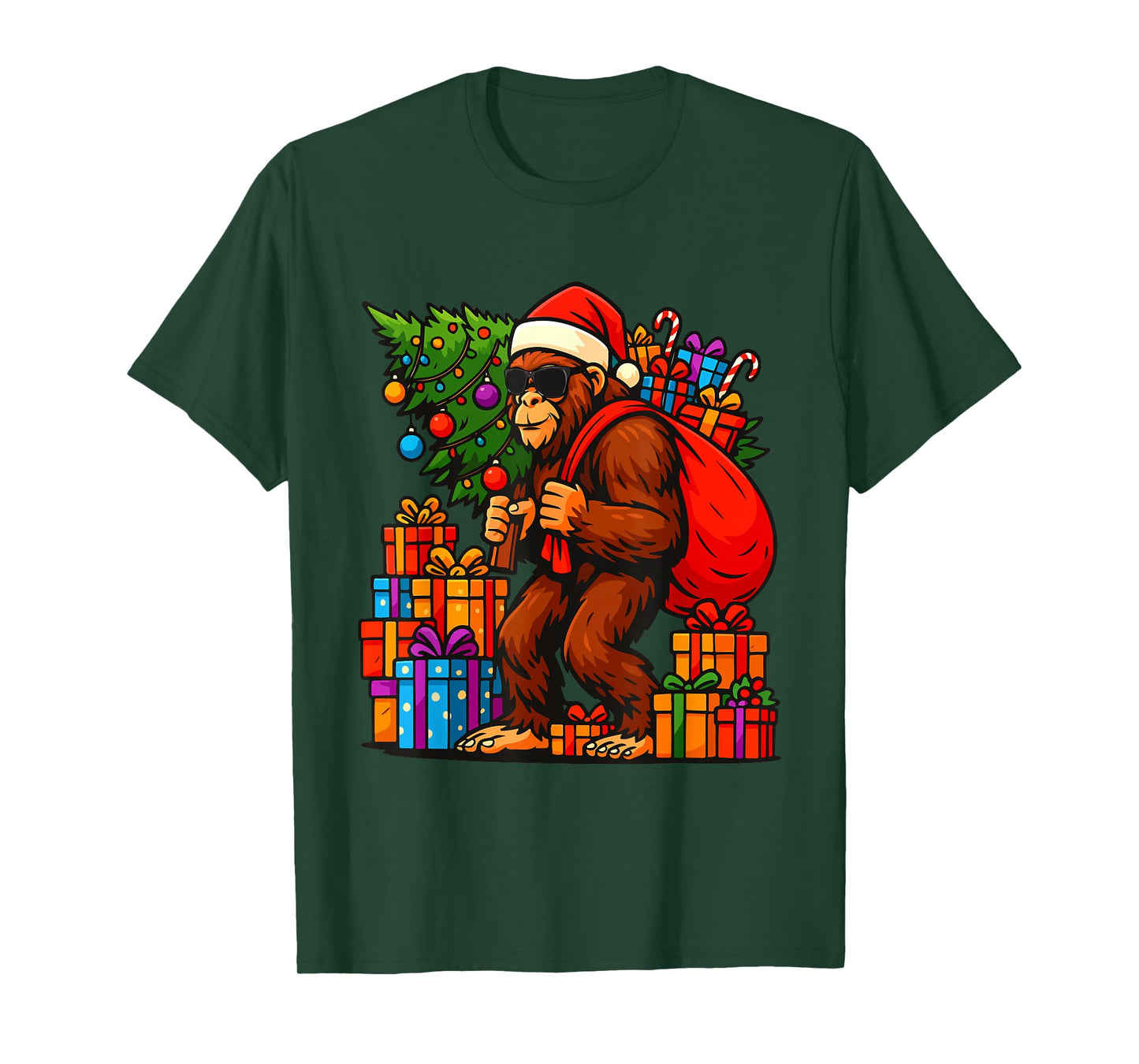 Santa Bigfoot Christmas Tree Lights Xmas Boys Men Sasquatch T-Shirt