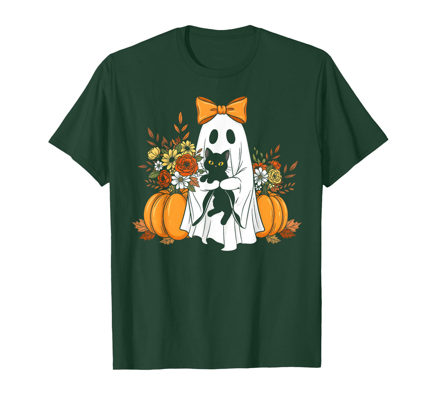 Vintage Halloween Ghost Holding Black Cat Groovy Floral T-Shirt