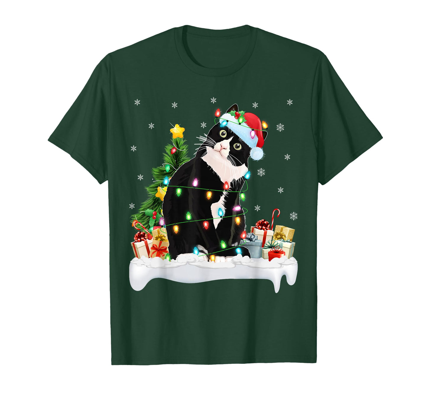 Black Cat Christmas Lights Santa Hat Black Cat Lover Xmas T-Shirt