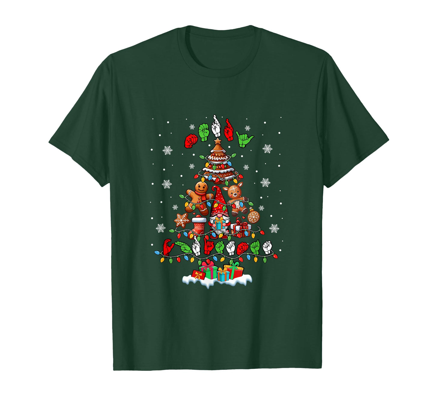 Merry Christmas Hands Sign Language Gnomes Cookies Xmas Tree T-Shirt