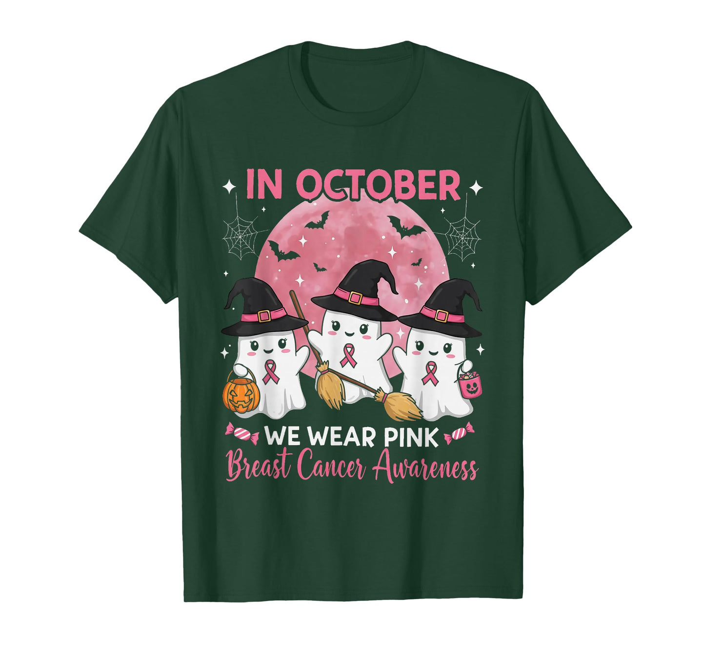 in October We Wear Pink Ghost Witch Breast Cancer Awareness T-Shirt