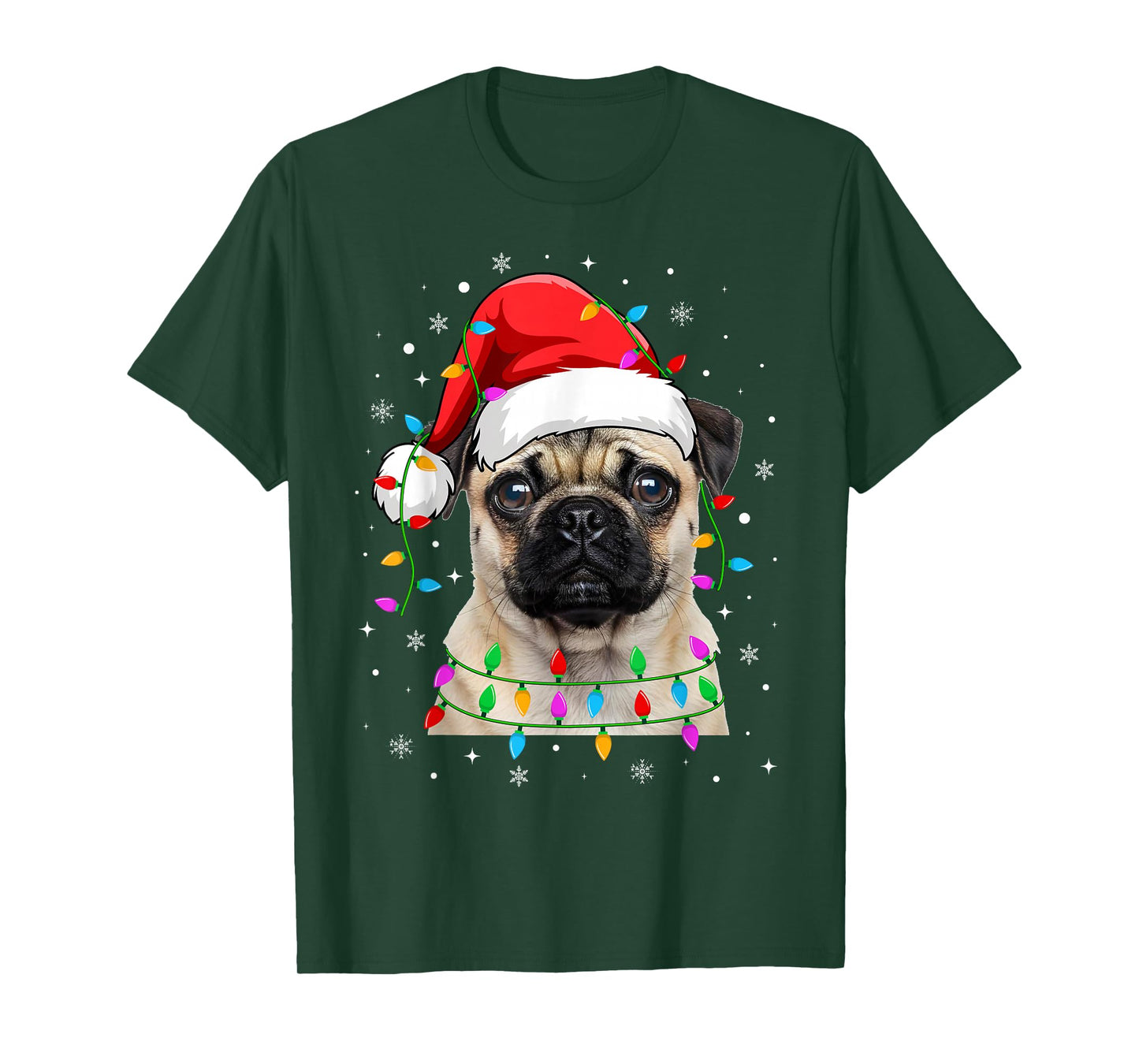 Pug Christmas Lights Santa Hat Pug Dogs Xmas T-Shirt