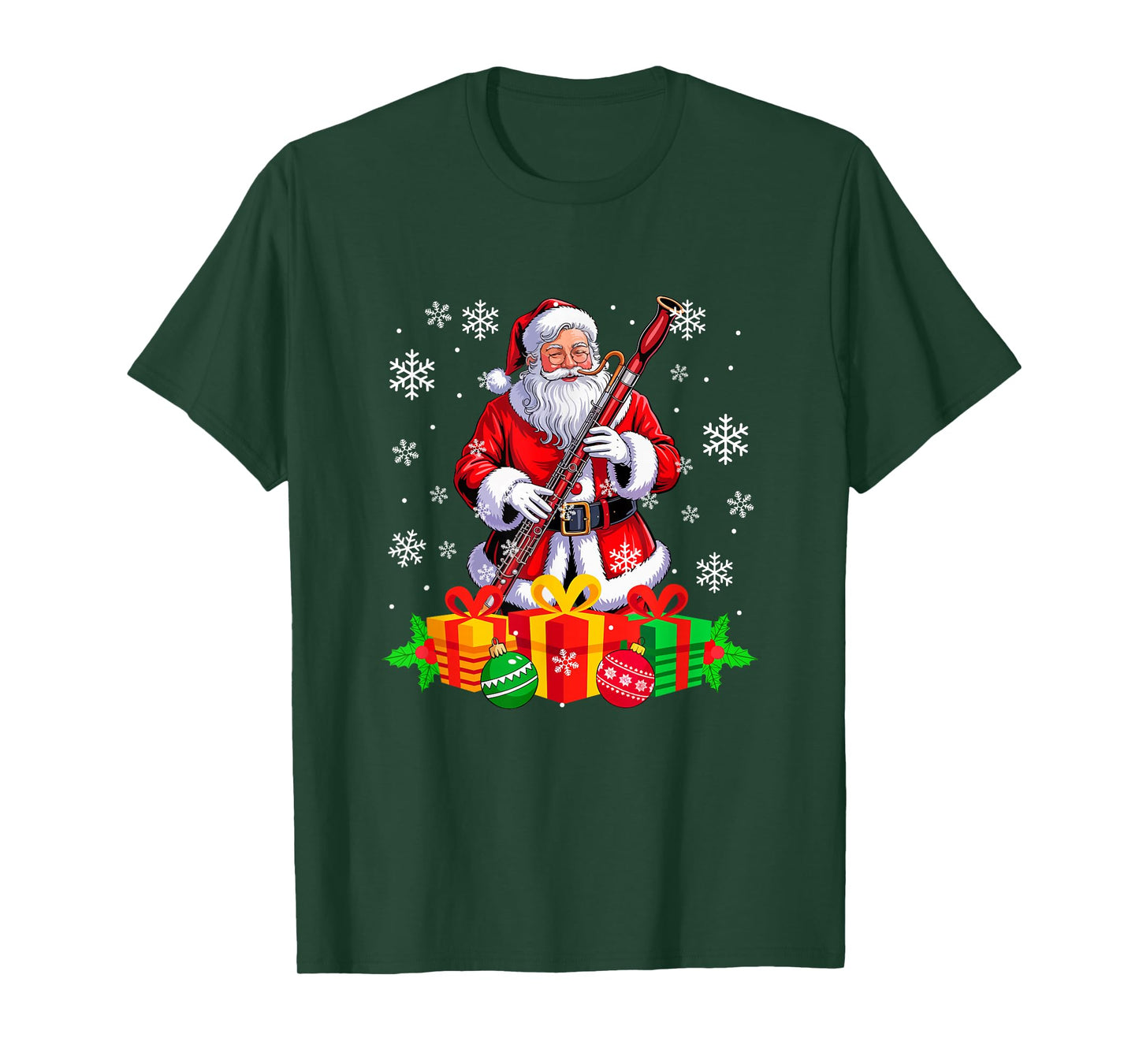 Santa Playing Bassoon Instrument Colorful Christmas Boxes T-Shirt
