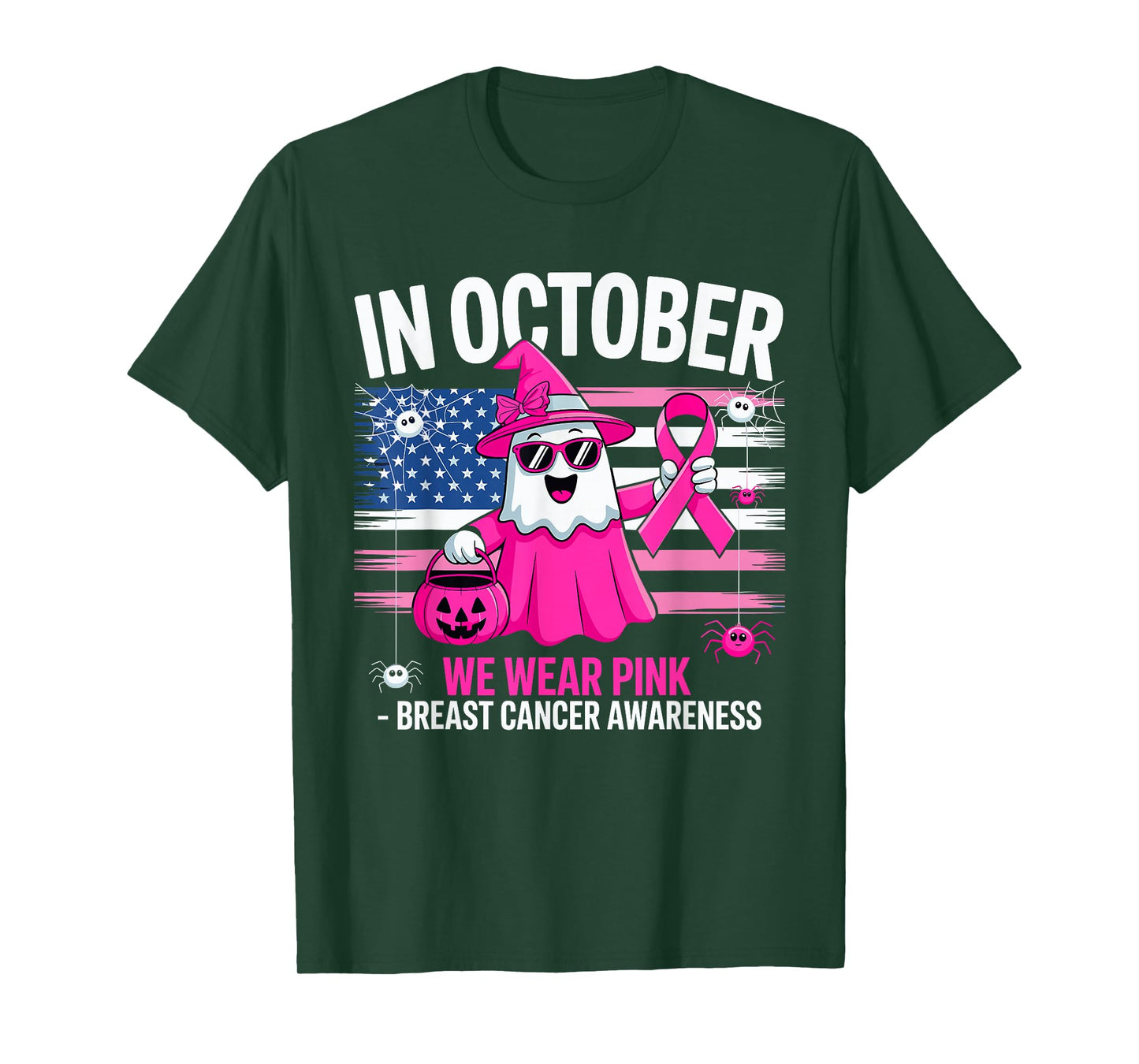 in October We Wear Pink Ghost Witch Breast Cancer Awareness T-Shirt