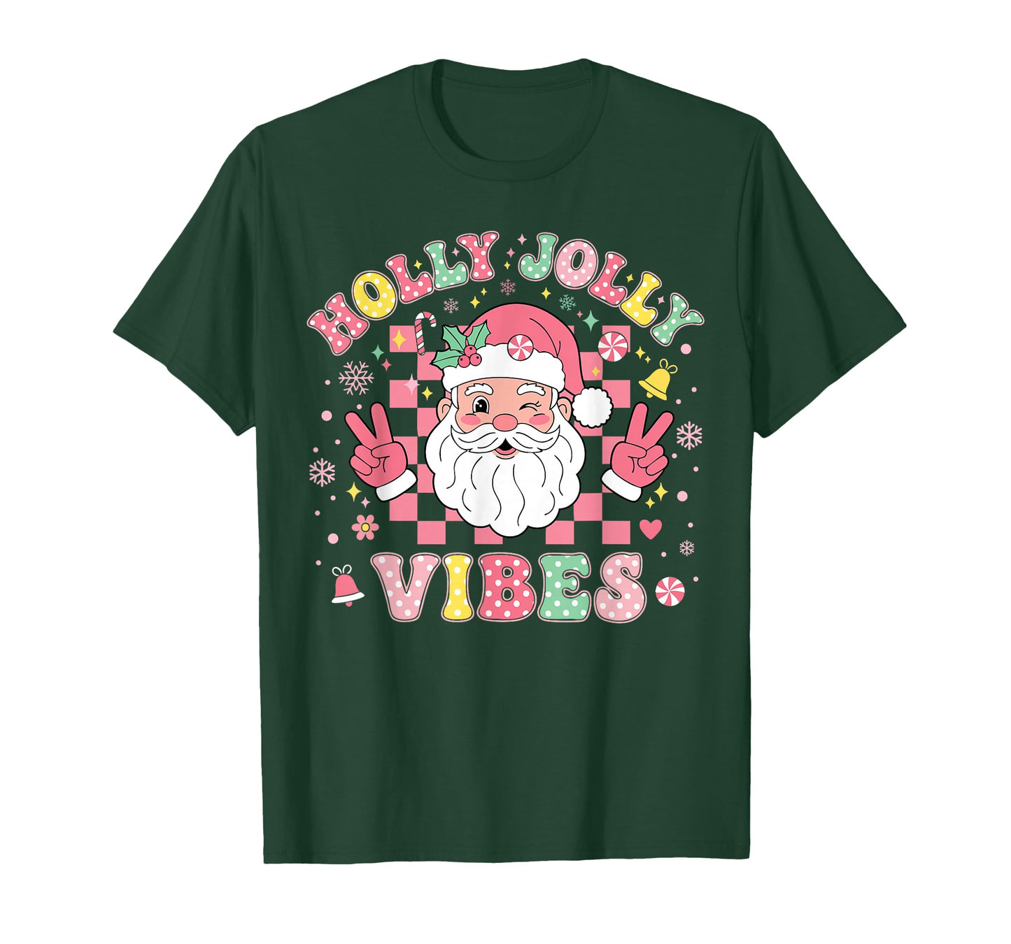 Groovy Holly Xmas Jolly Vibes Pink Christmas Santa Men Women T-Shirt