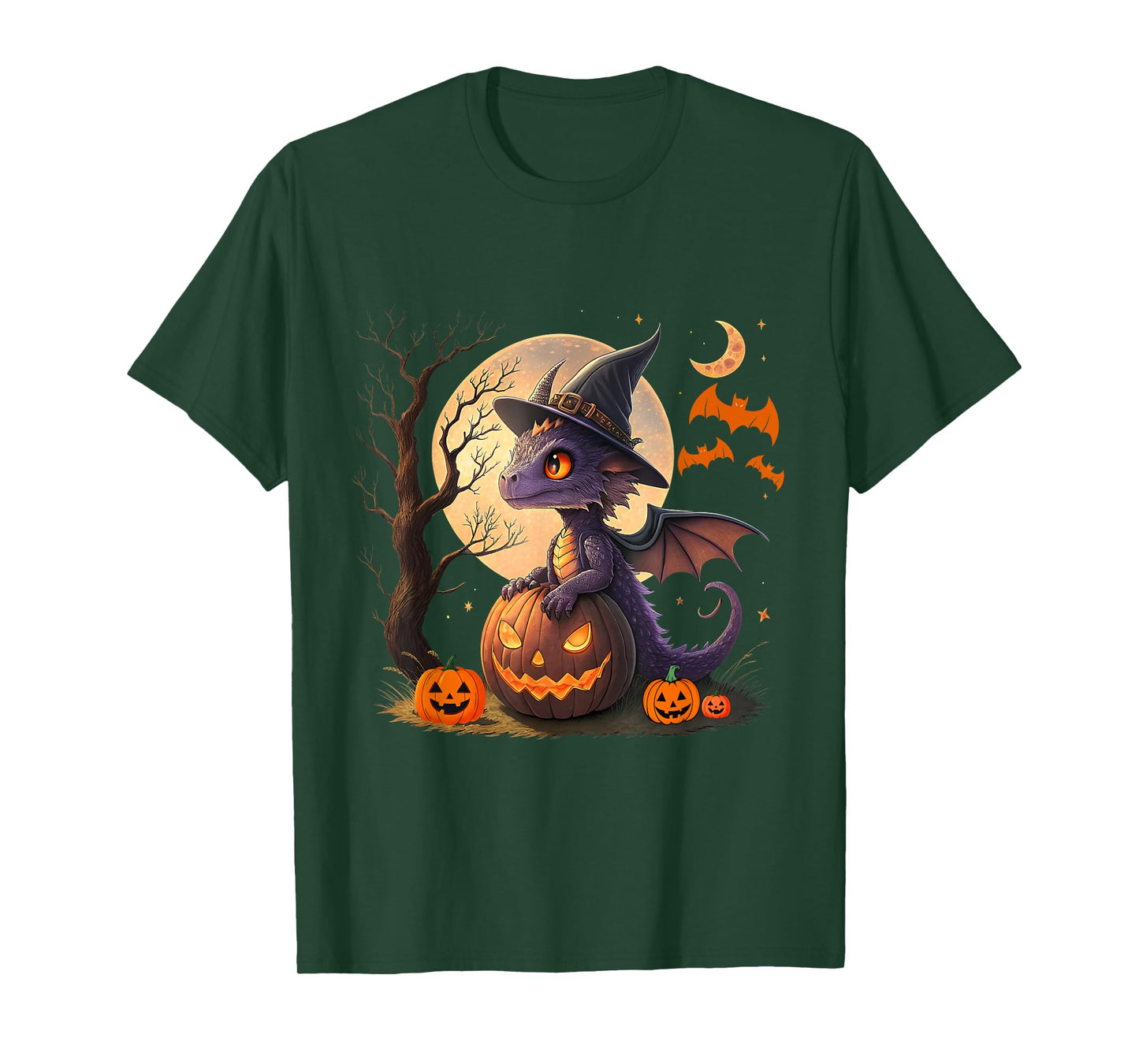 Cute Halloween Dragon Witch Hat Pumpkin Moon Fantasy T-Shirt