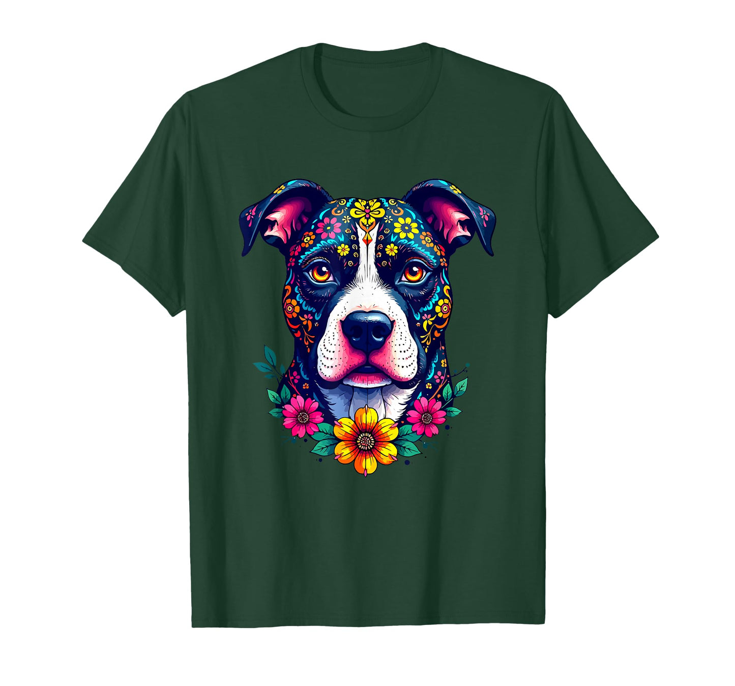 Mexican Sugar Skull Pitbull Dog Dia de Muertos Halloween Day T-Shirt