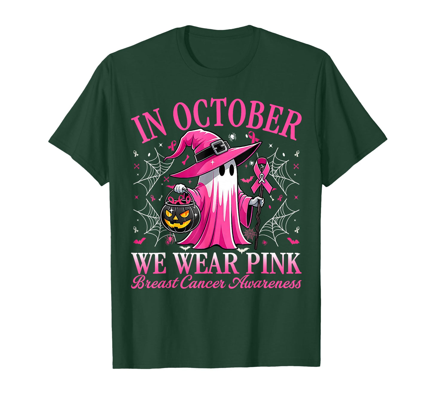 in October We Wear Pink Witch Breast Cancer Women Halloween T-Shirt