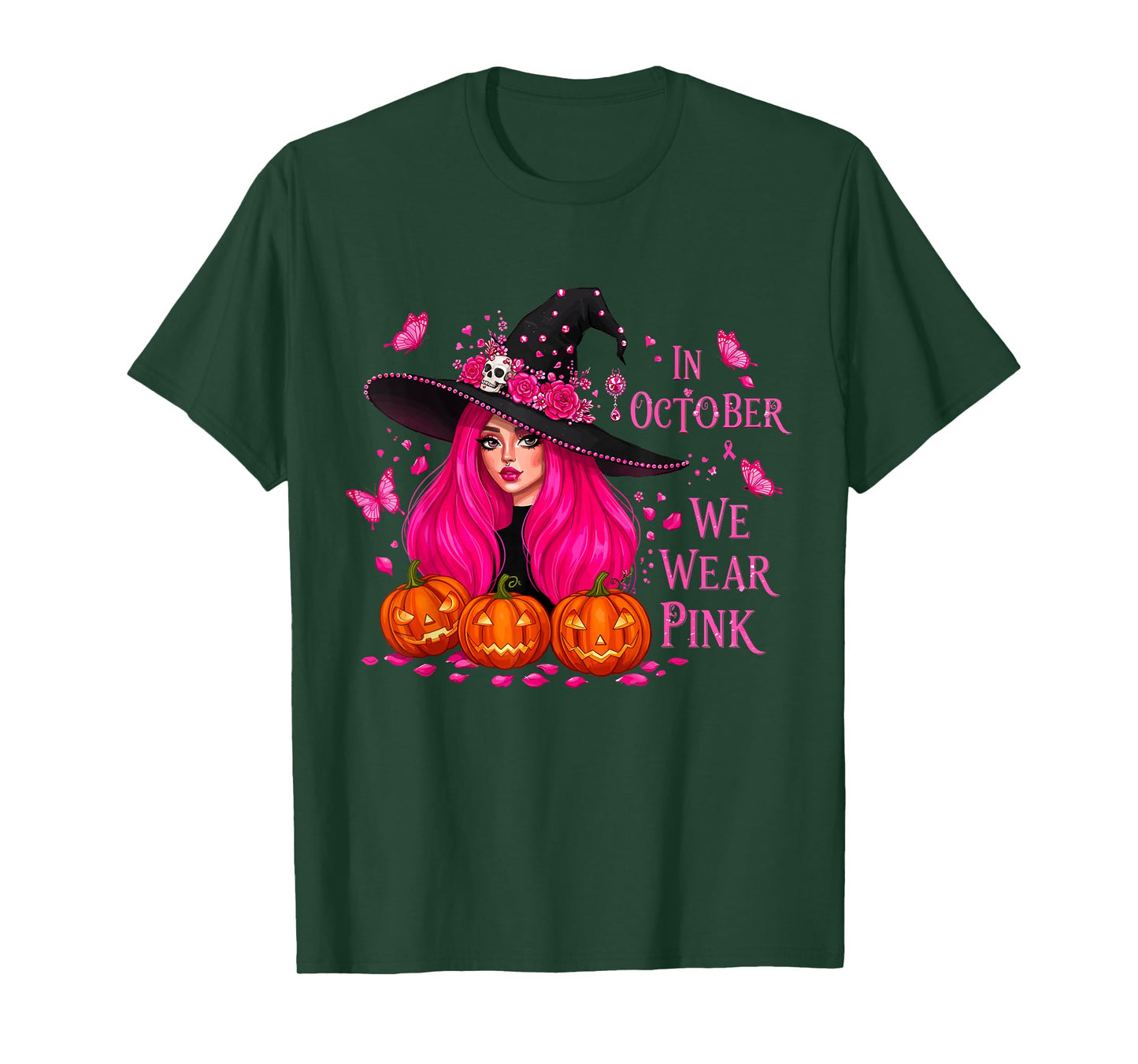 in October We Wear Pink Witch Breast Cancer Halloween T-Shirt