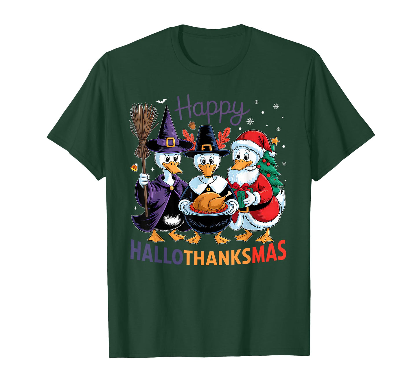 Happy HalloThanksMas Duck Halloween Thanksgiving Christmas T-Shirt