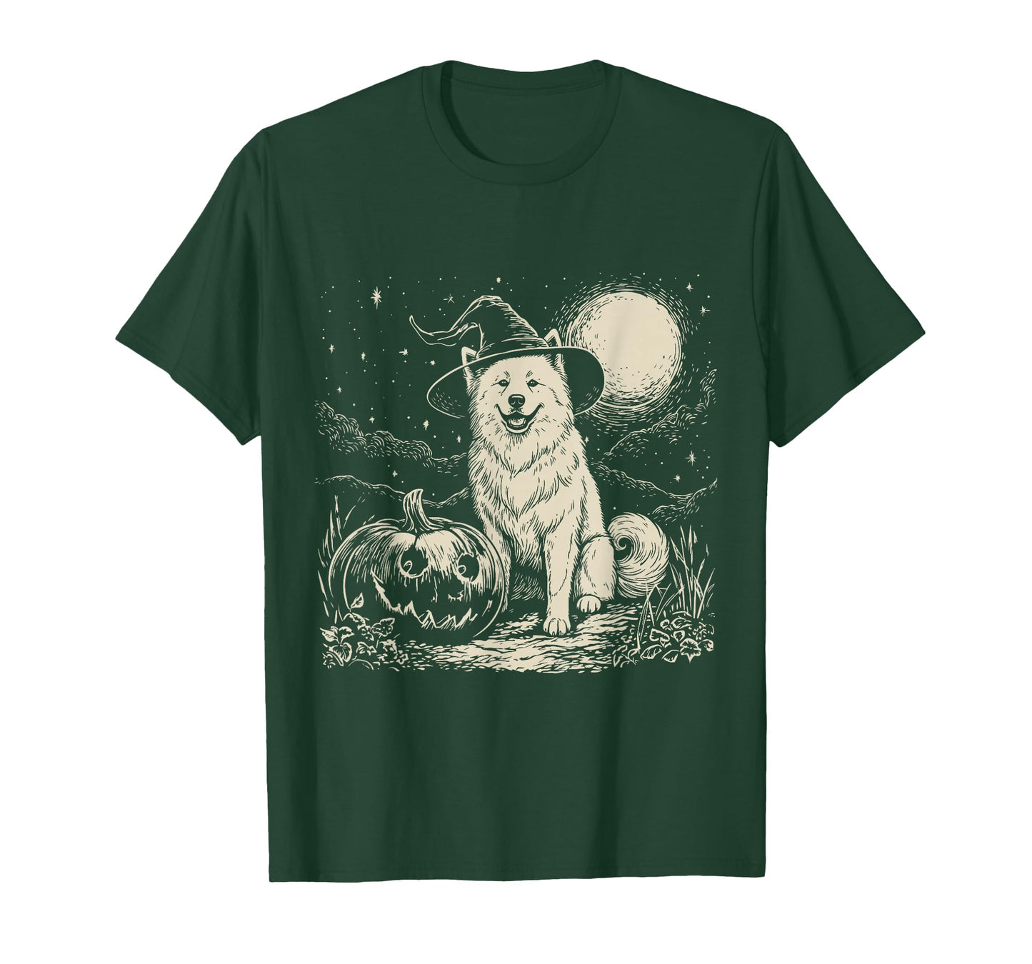 Samoyed Dog Witch Hat – Cute Halloween Pumpkin Moon T-Shirt