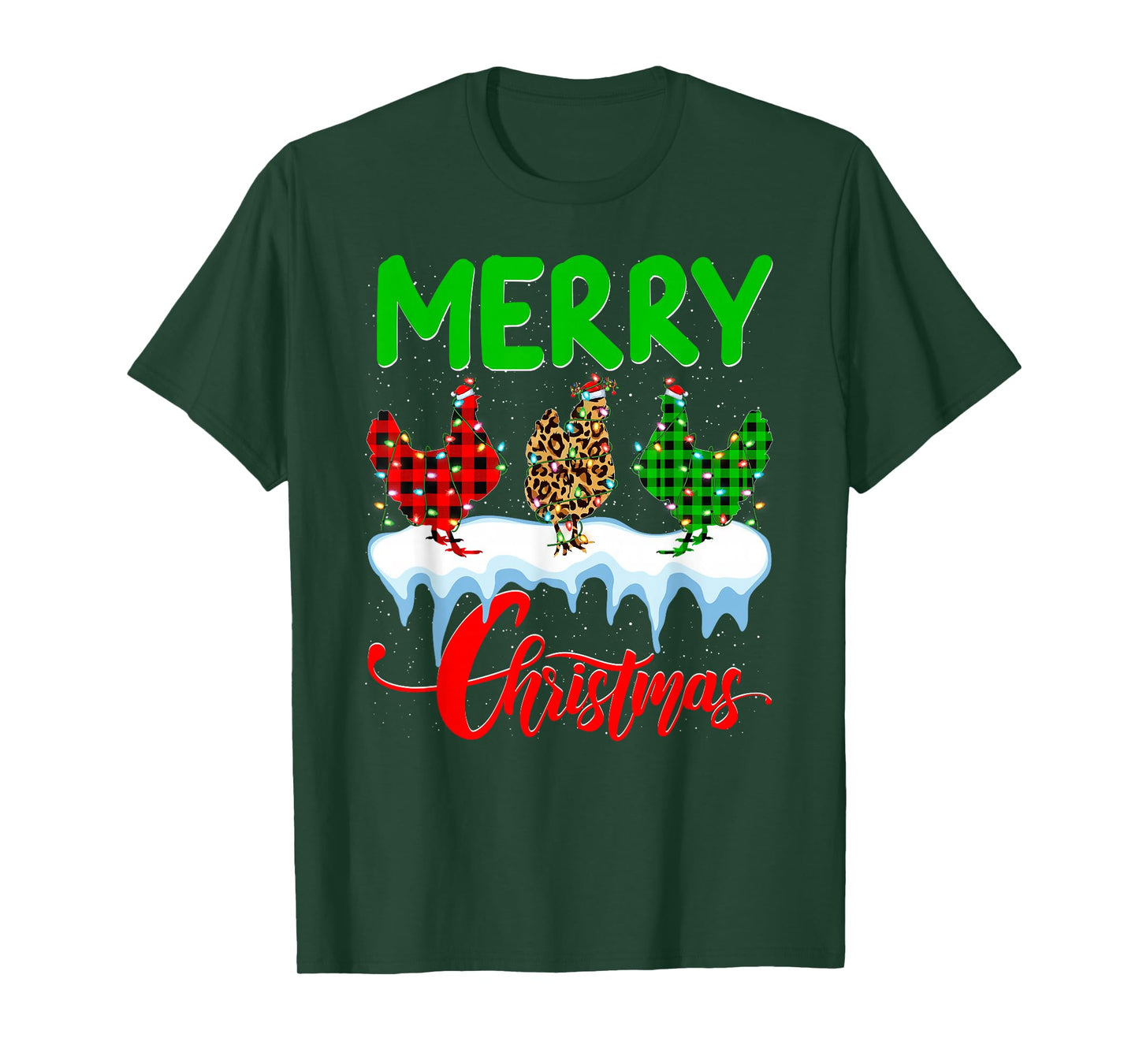 Chicken Merry Christmas Pajamas Leopard Buffalo Plaid Xmas T-Shirt