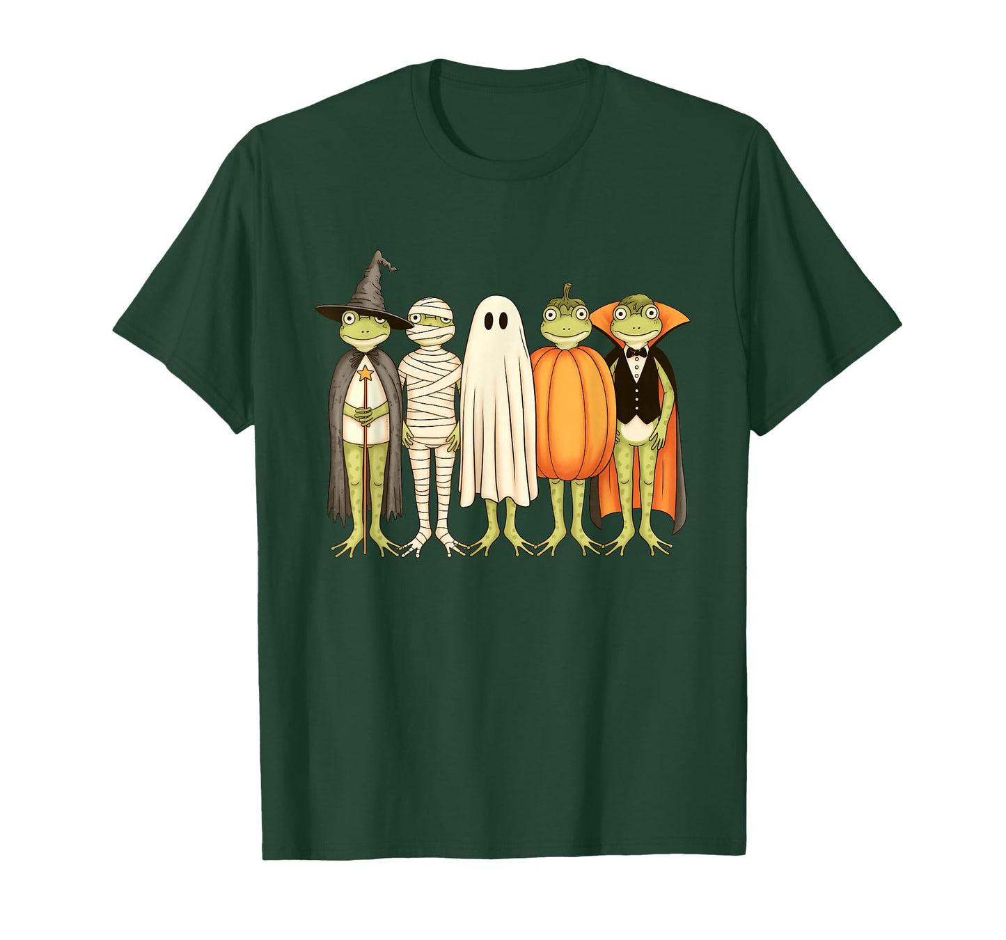 Kawaii Frogs in Halloween Costumes Witch Ghost Pumpkin Mummy T-Shirt