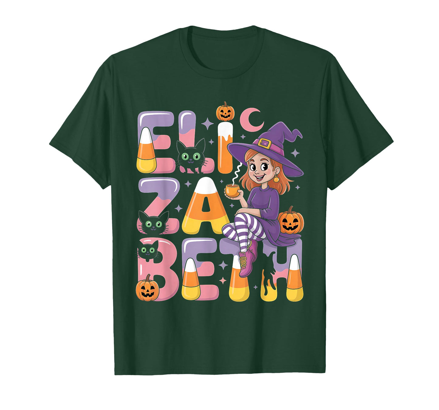 Elizabeth Witch Candy Corn Cat Halloween Women and Girls T-Shirt