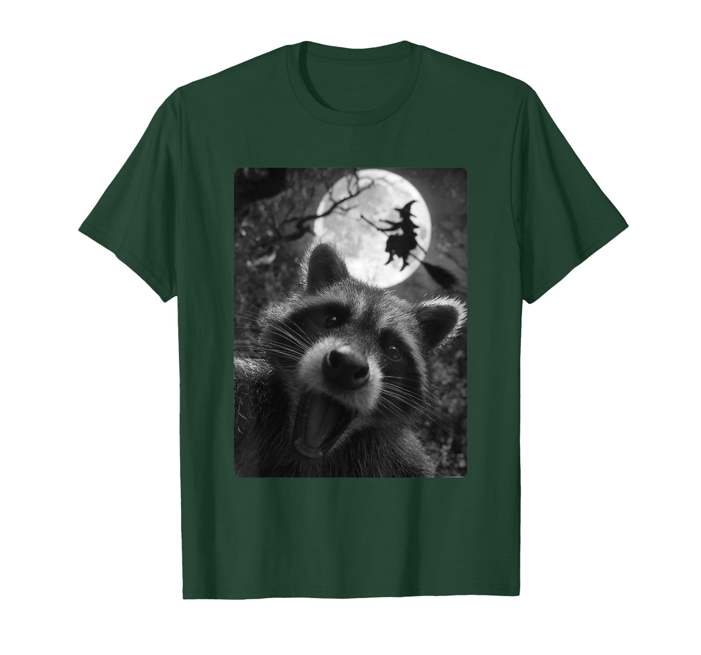 Funny Raccoon Selfie Full Moon Flying Witch Forest Halloween T-Shirt
