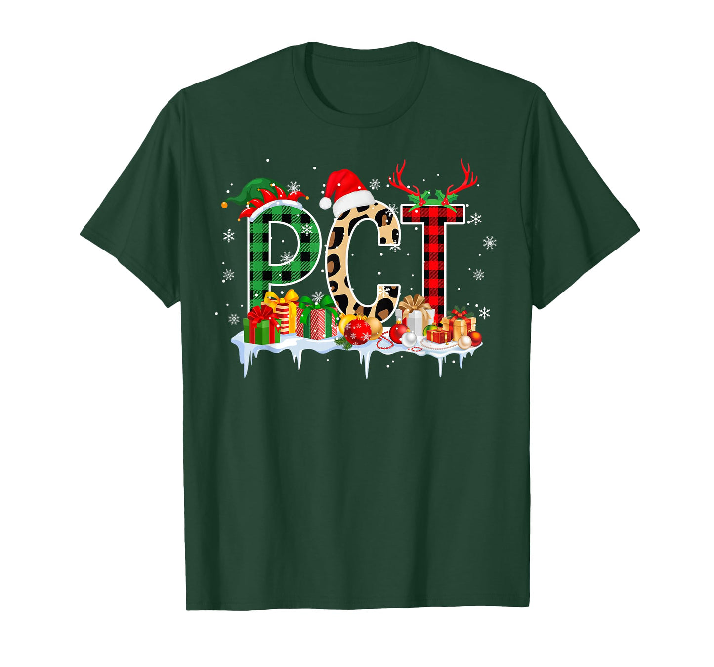 Leopard Red Plaid PCT Nursing Santa Hat Reindeer Christmas T-Shirt