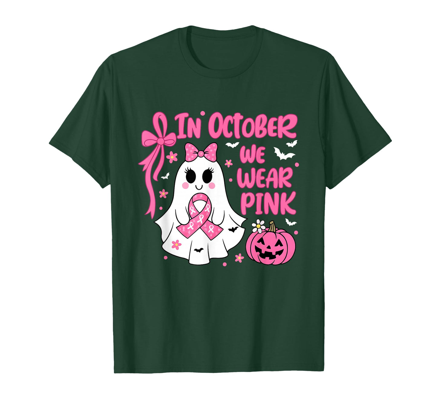 in October We Wear Pink Cute Ghost Breast Cancer Awareness T-Shirt