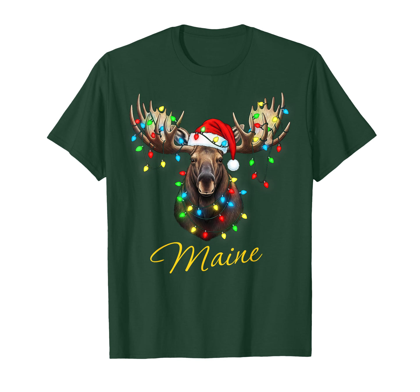 Funny Maine State Moose Christmas Lights Wearing Santa Hat T-Shirt