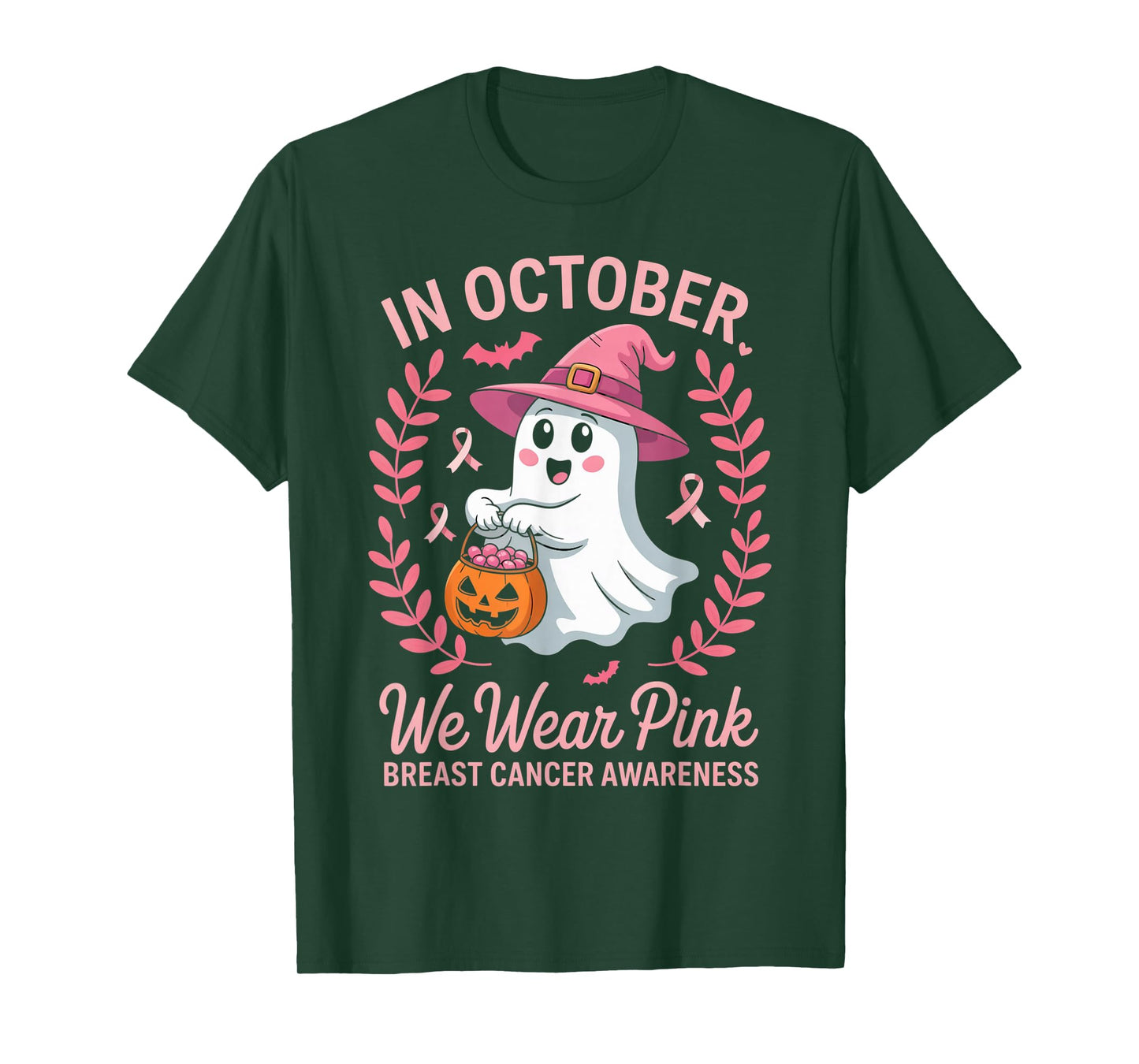 in October We Wear Pink Ghost Witch Breast Cancer Awareness T-Shirt