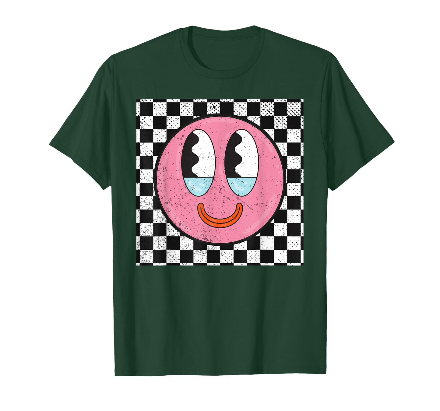 Retro Happy Face Checkered Pattern Smile Face T-Shirt