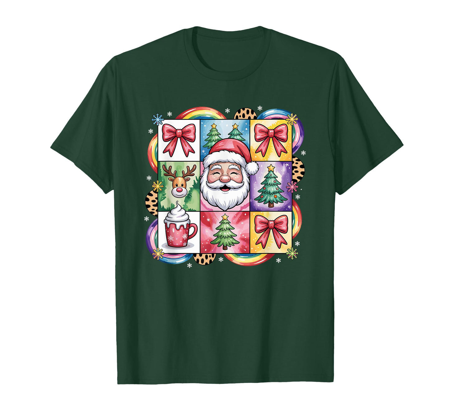 Colorful Patchwork Christmas Santa Reindeer Cocoa T-Shirt
