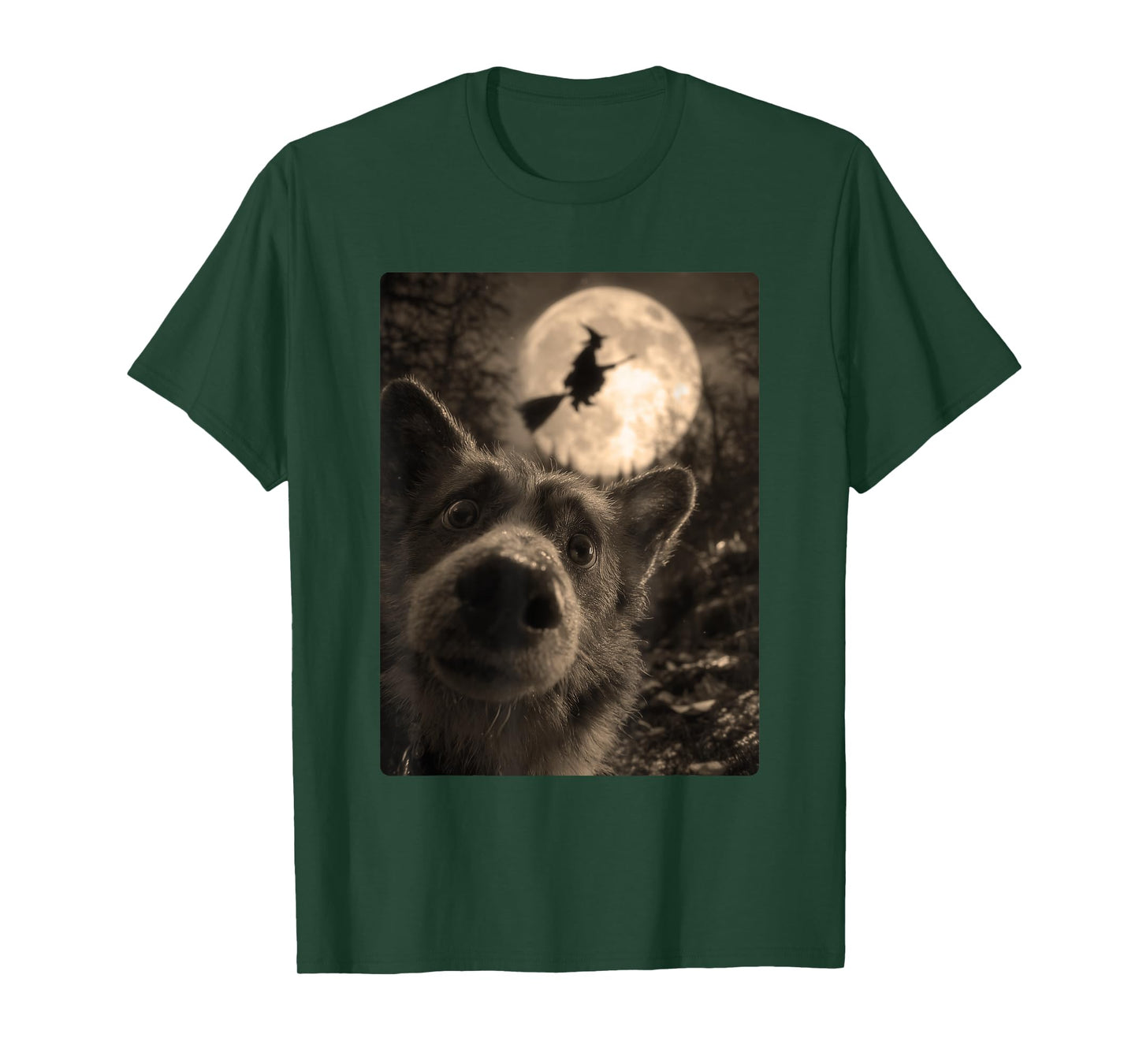 Funny Corgi Selfie with Full Moon Flying Witch Halloween Dog T-Shirt