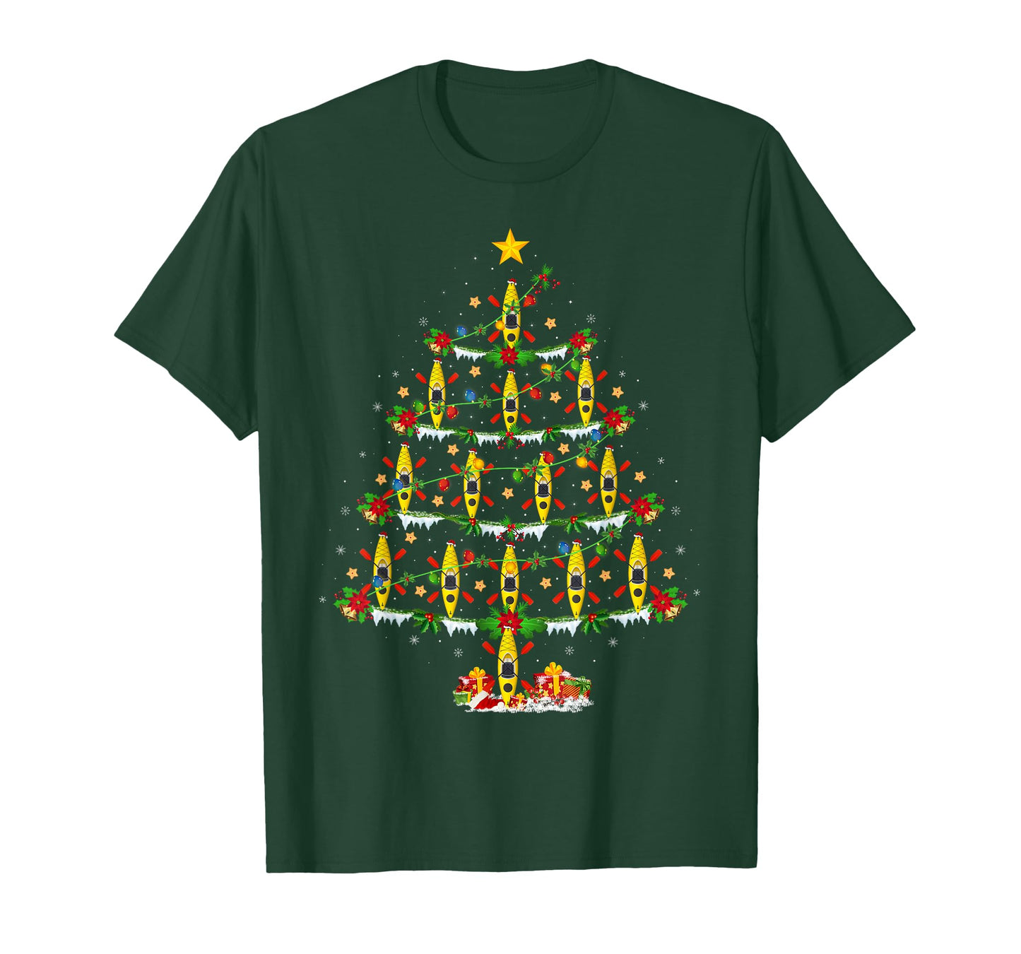 Kayak Christmas Tree Lights Funny Kayak Boat Kayaking Xmas T-Shirt