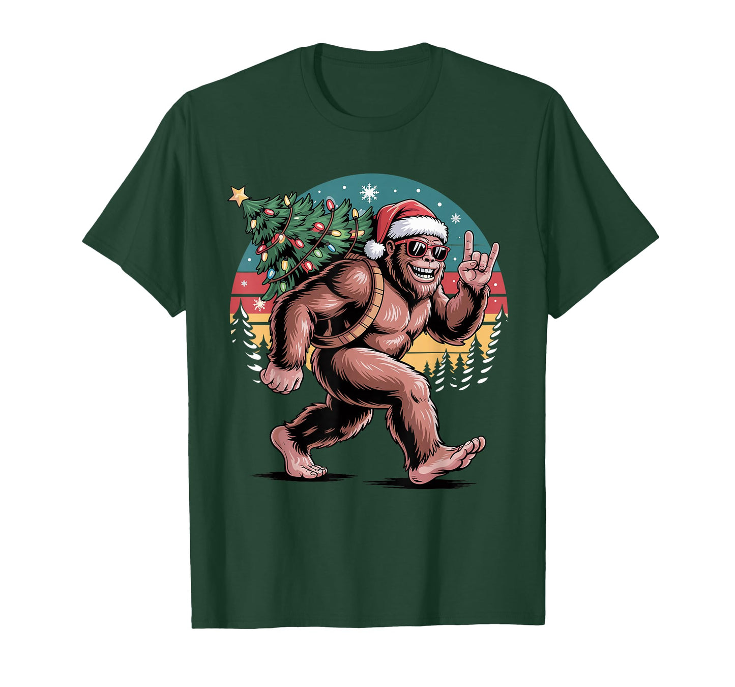Retro Santa Bigfoot Christmas Cool Sasquatch Xmas Lights T-Shirt
