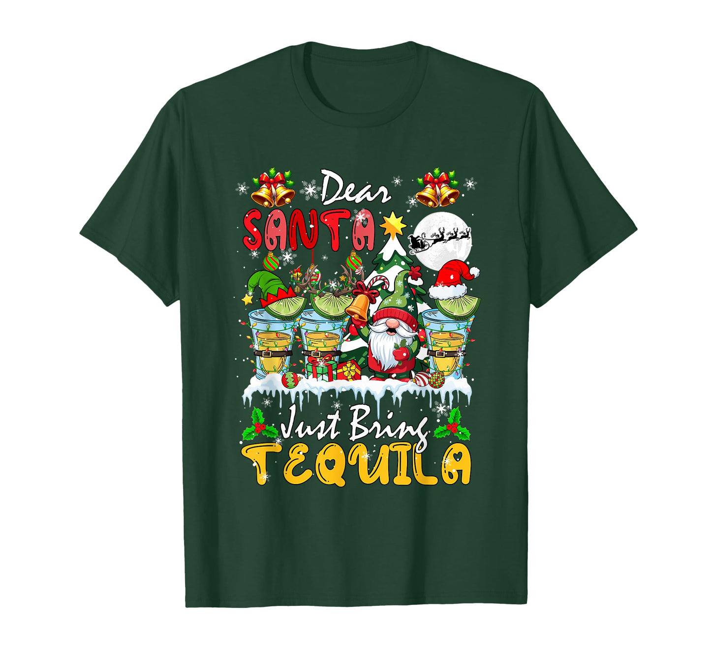 Just Bring Tequila Christmas Three Santa Elf Tequila Glasses T-Shirt
